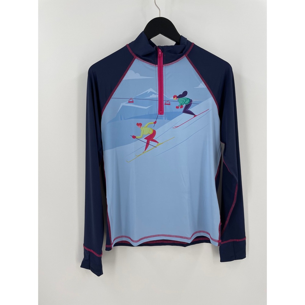 Born Outdoor Ski Graphic Base Layer M Blue Pink Quarter Zip Thermal Top Pullover